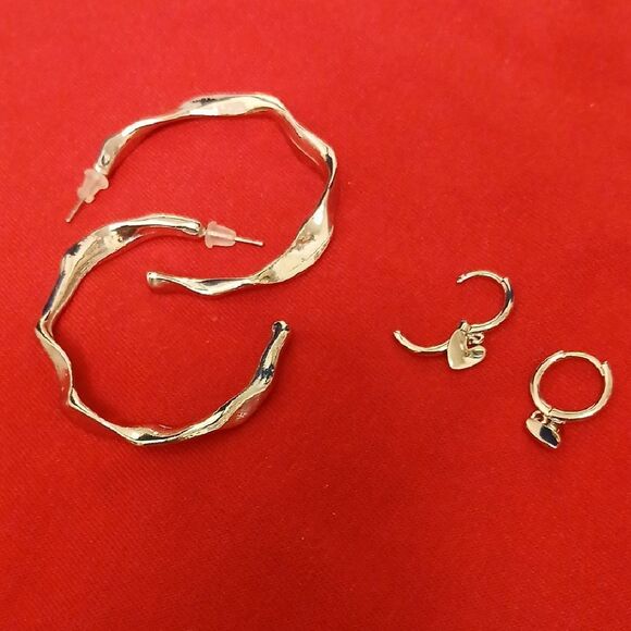 Silvertone Earrings Set with Large Swirl and Small Hoops With Hearts Pierced - Picture 1 of 8